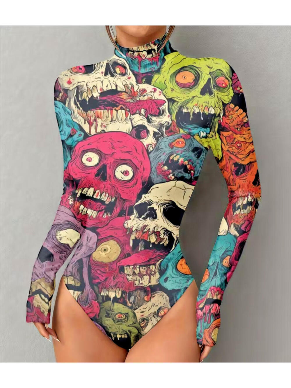 Plus Size XL Skull Print Bodysuit Gothic Punk Stretch Top Blouse Outfit Monster